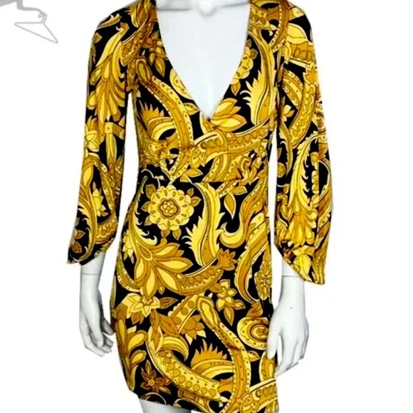 🎉Nieves Yellow & Black Print Dress w/ 3/4 Sleeve as seen on Sex in the City SzM - Picture 3 of 13